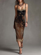 Vintage Glam Printed Satin Lace Trim Midi Dress