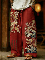 Men's Retro Japanese Dragon With Cherry Blossoms Art Linen Pants