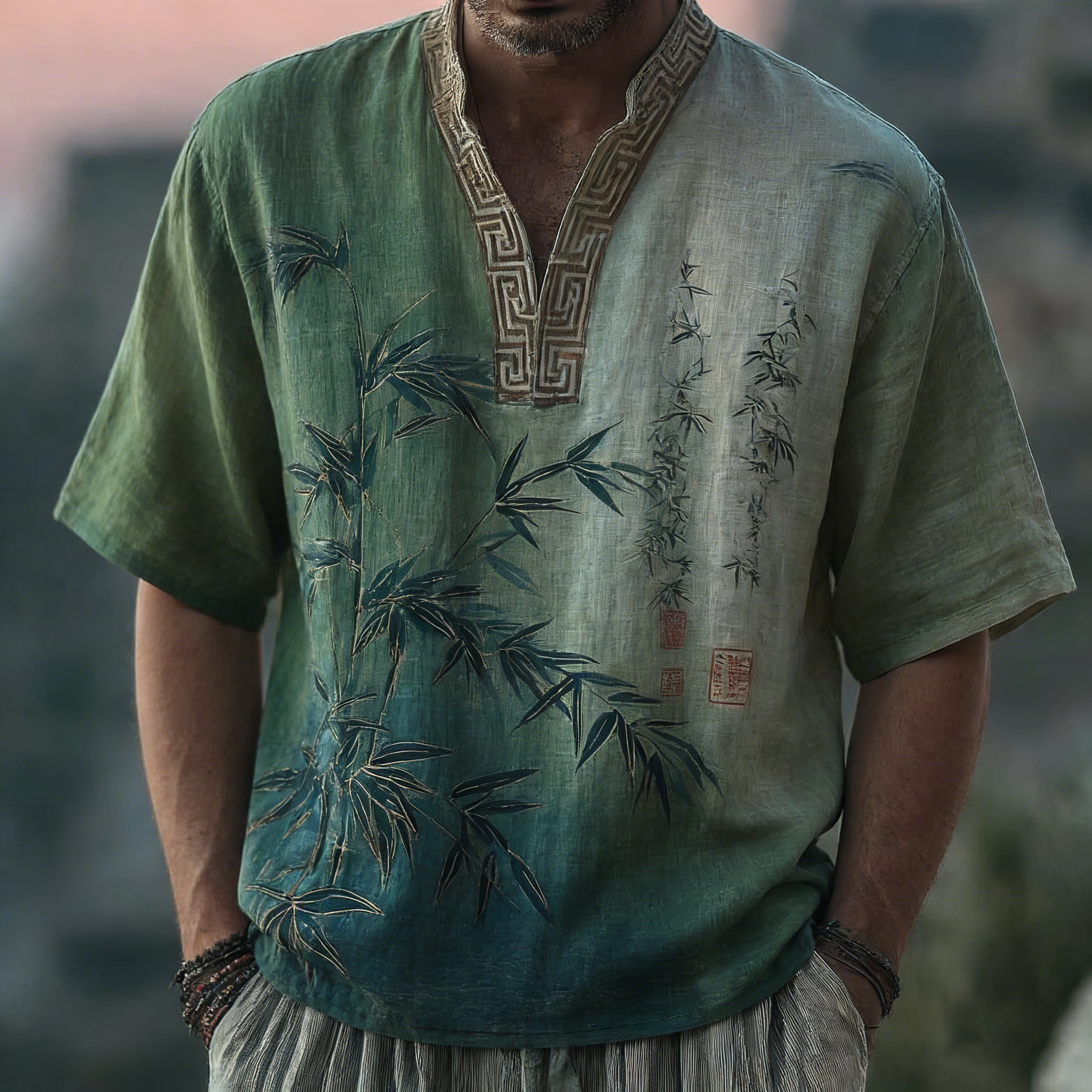 Japanese Bamboo Pattern Embroidered Color Blocked Linen Blend Shirt