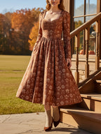 Midi Linen Dress, Long Sleeves, Sweetheart Neck, Floral, Vintage, Caramel